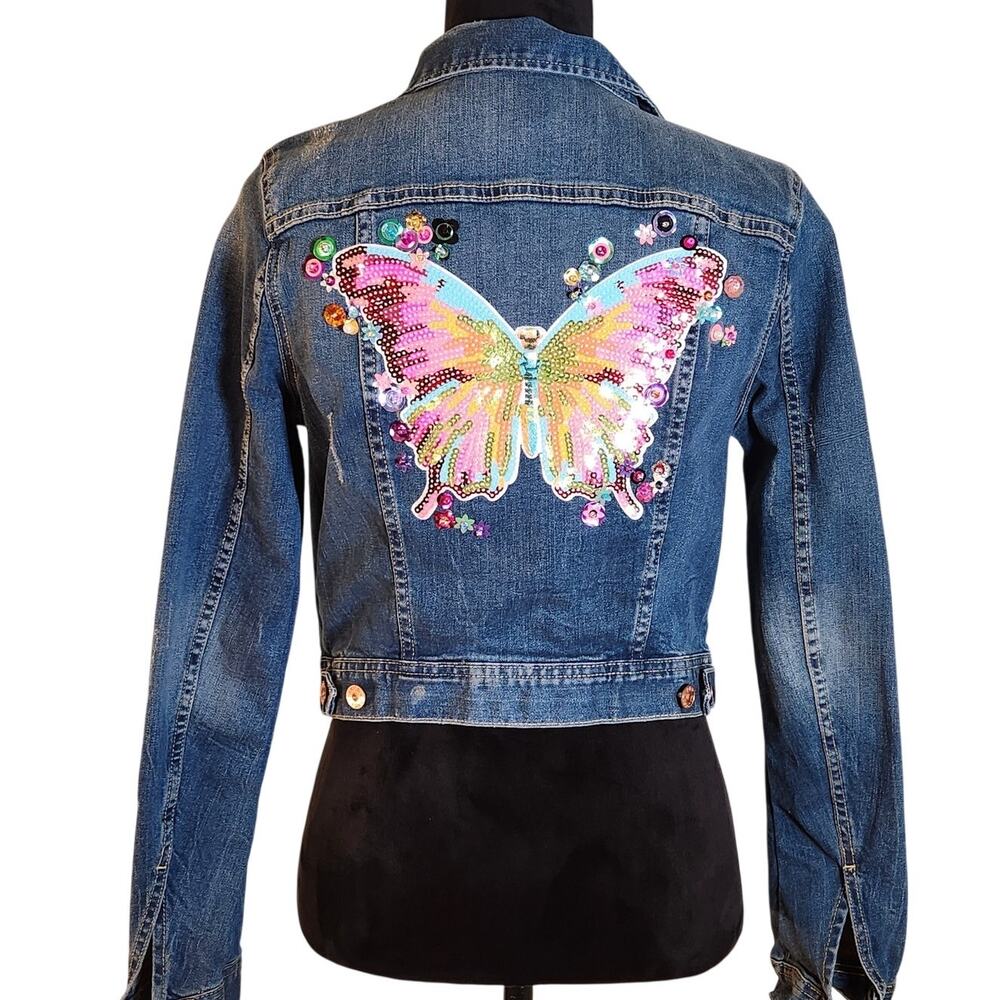 CUSTOM Butterfly in Bloom Sequin Denim Jacket, Size Small
